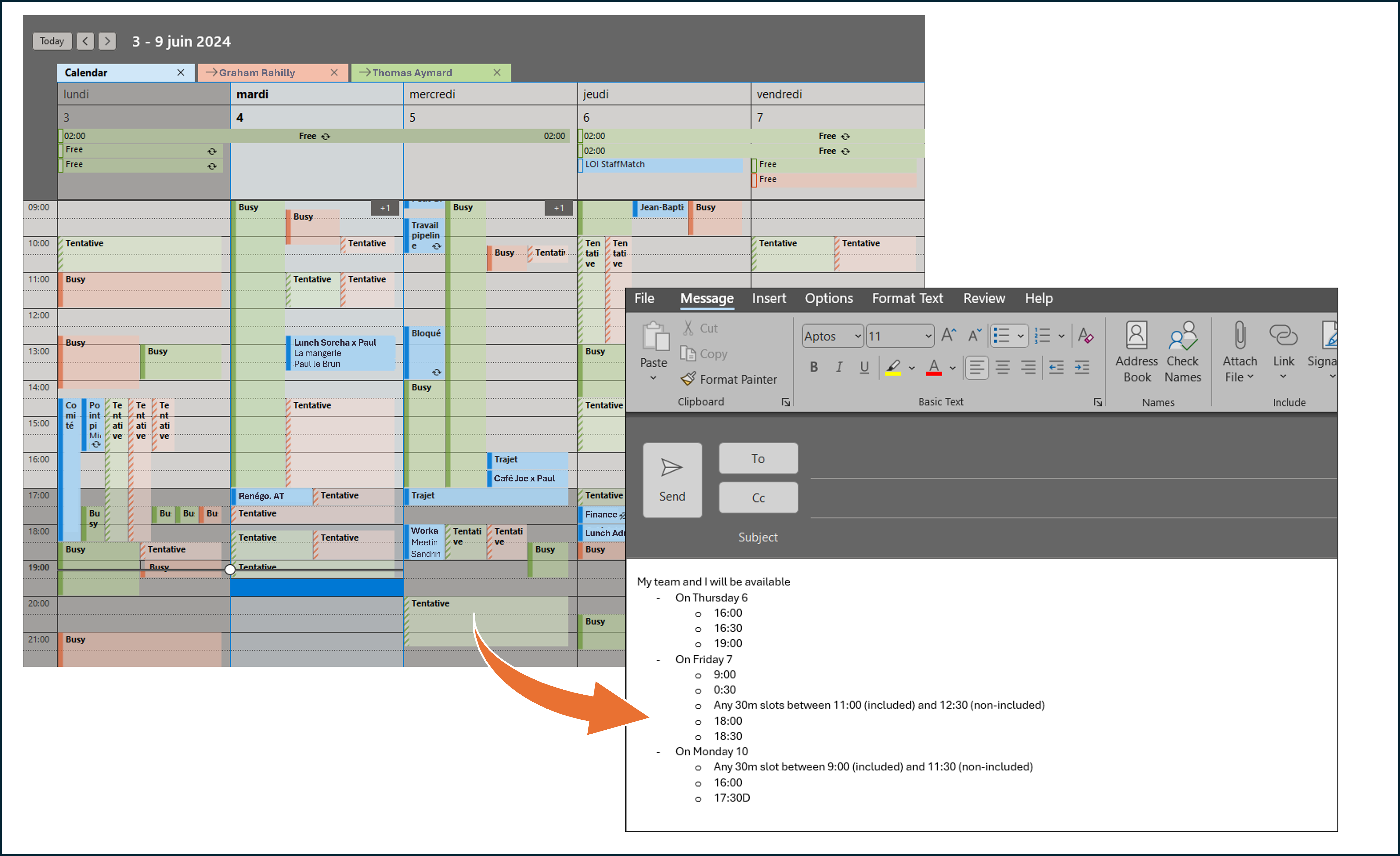 Screenshots that illustrate how the List Next Slot function works, by looking at where team members are available in their shared calendar and finding when everyone could attend a meeting
