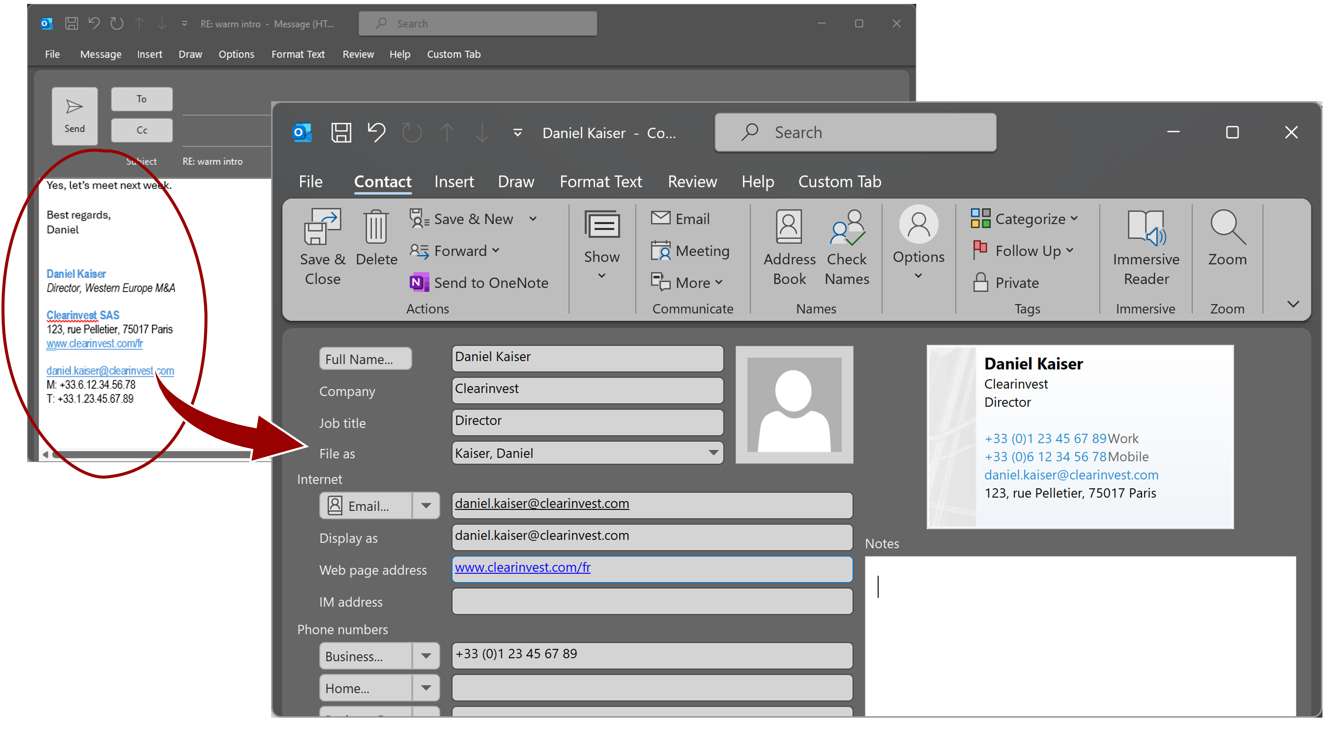 A screenshot that shows how data from an email's signature is turned into a contact card